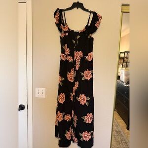 Xhilaration Black Floral Maxi Dress Button Front Cold Shoulder Adjustable Medium
